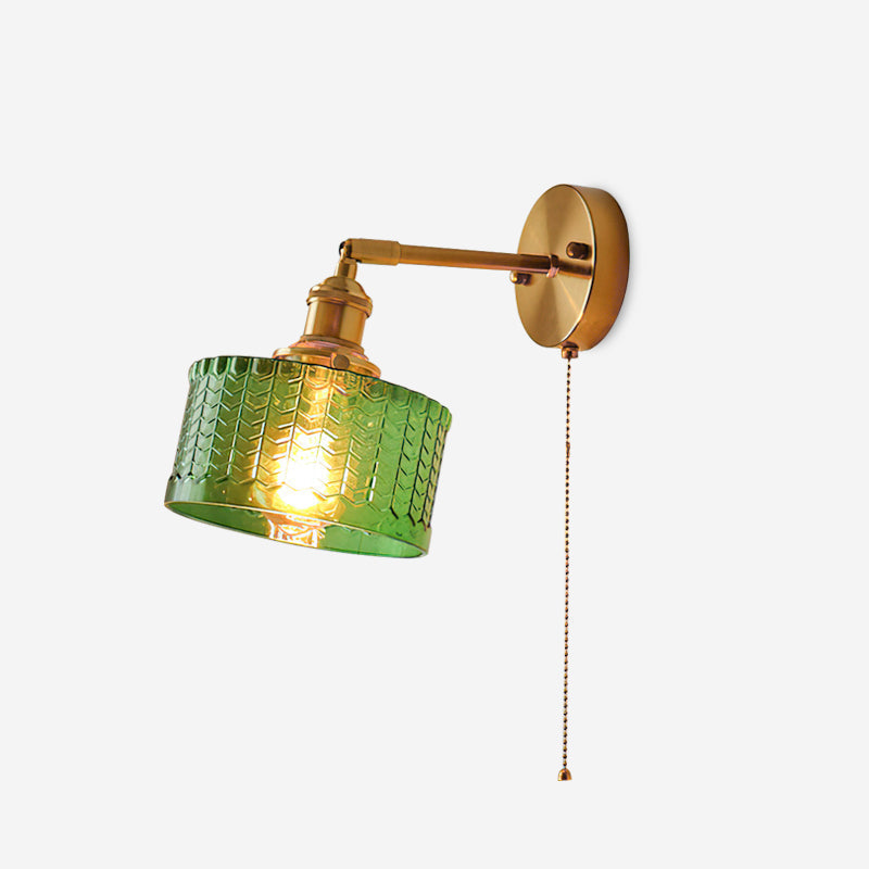 Rilo Wall Lamp Brass with Green/Clear Glass Shade and Pull Chain
