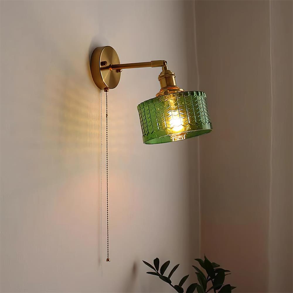 Rilo Wall Lamp Brass with Green/Clear Glass Shade and Pull Chain