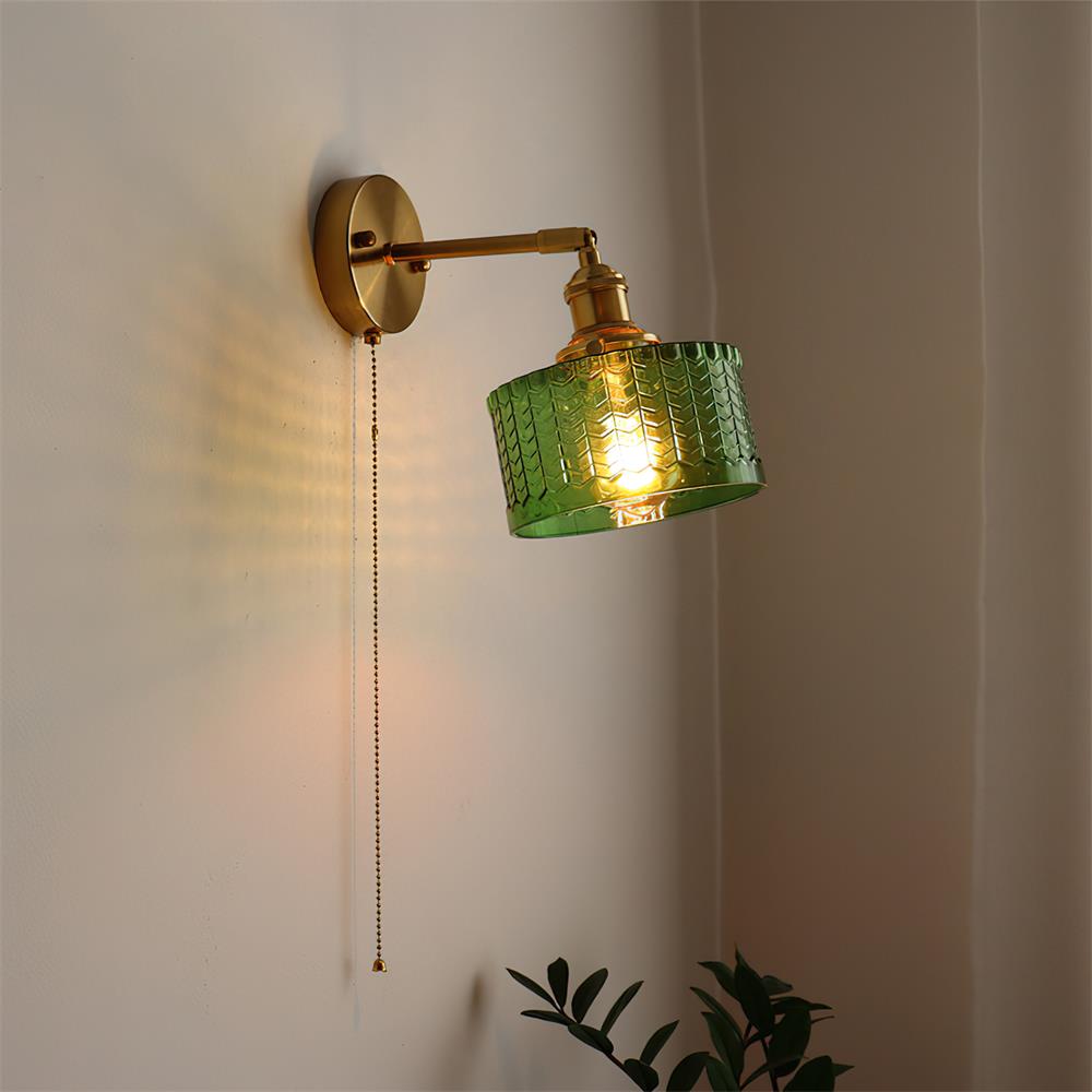 Rilo Wall Lamp Brass with Green/Clear Glass Shade and Pull Chain
