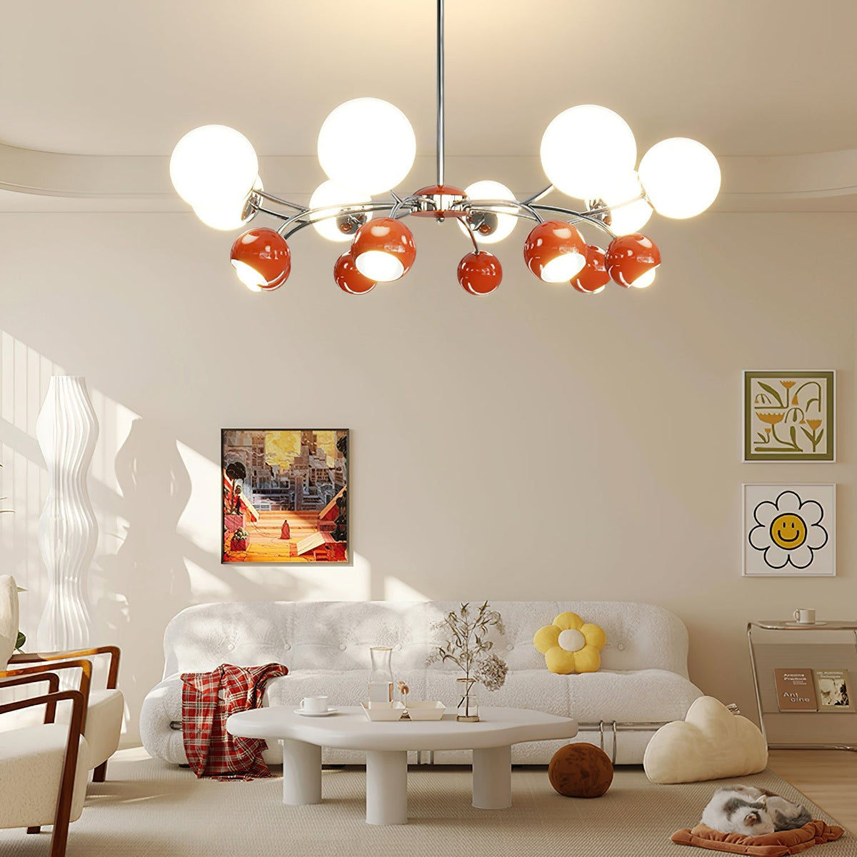 Noxiren Chandelier Chrome Red Cream Globe