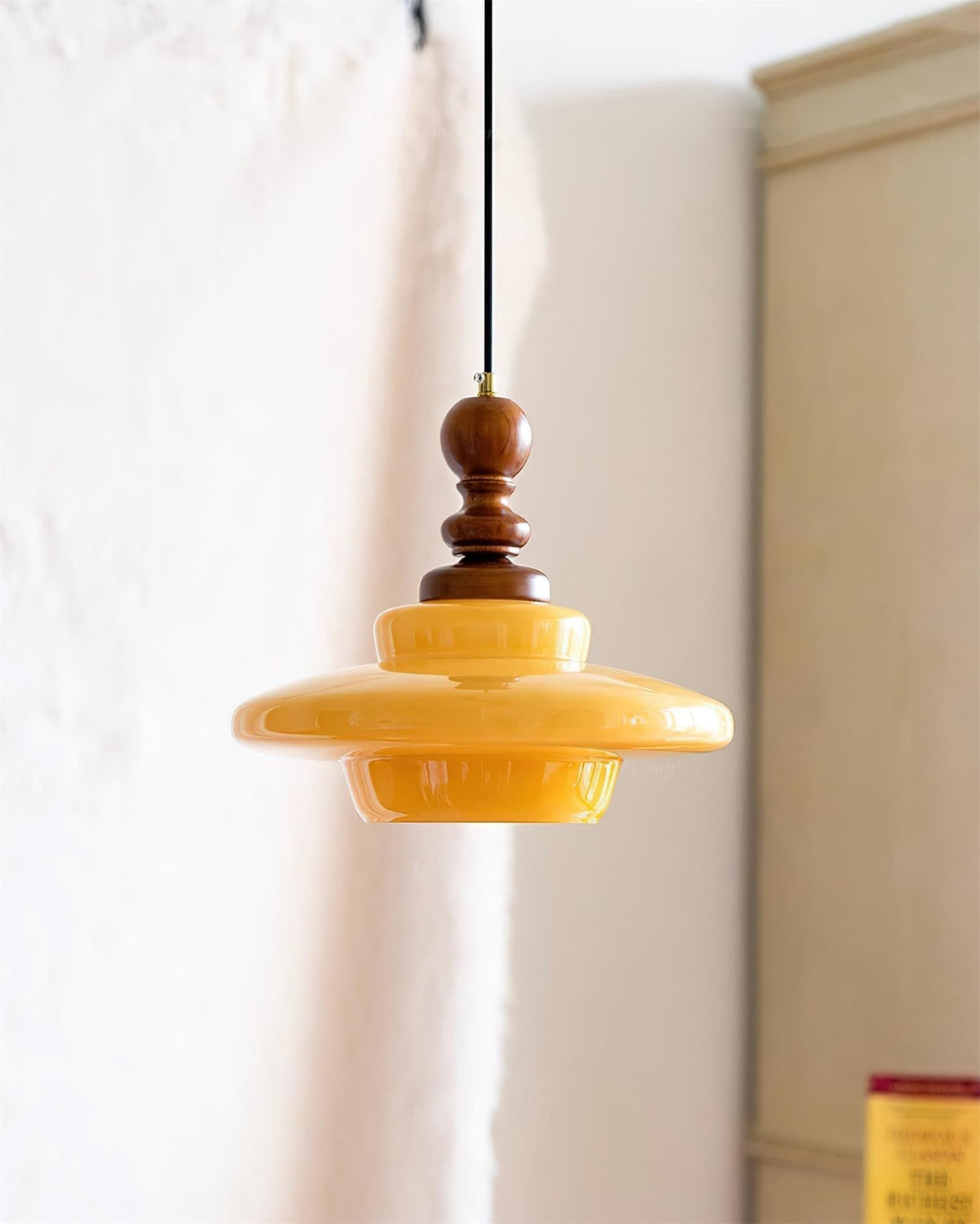 Pendant Lamp Yellow Glass with Walnut Wood Accent Retro
