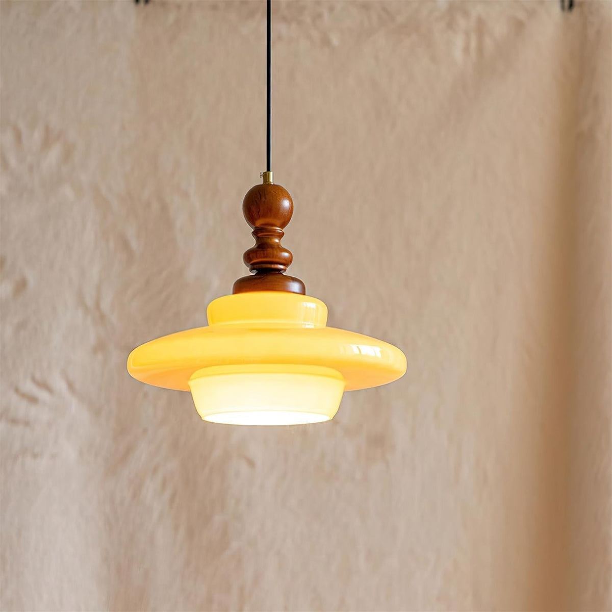 Pendant Lamp Yellow Glass with Walnut Wood Accent Retro