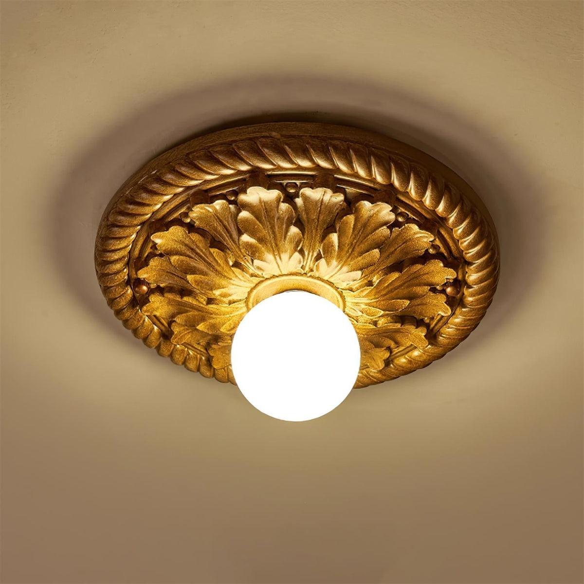 Sira Vintage Carved Wood Flush Mount Ceiling Light