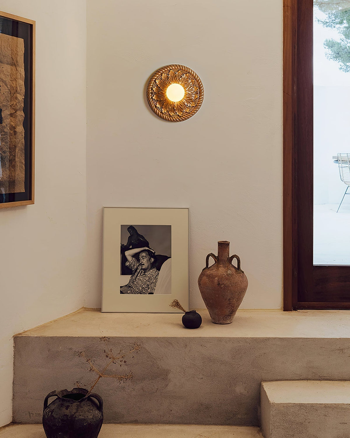 Sira Vintage Carved Wood Flush Mount Ceiling Light