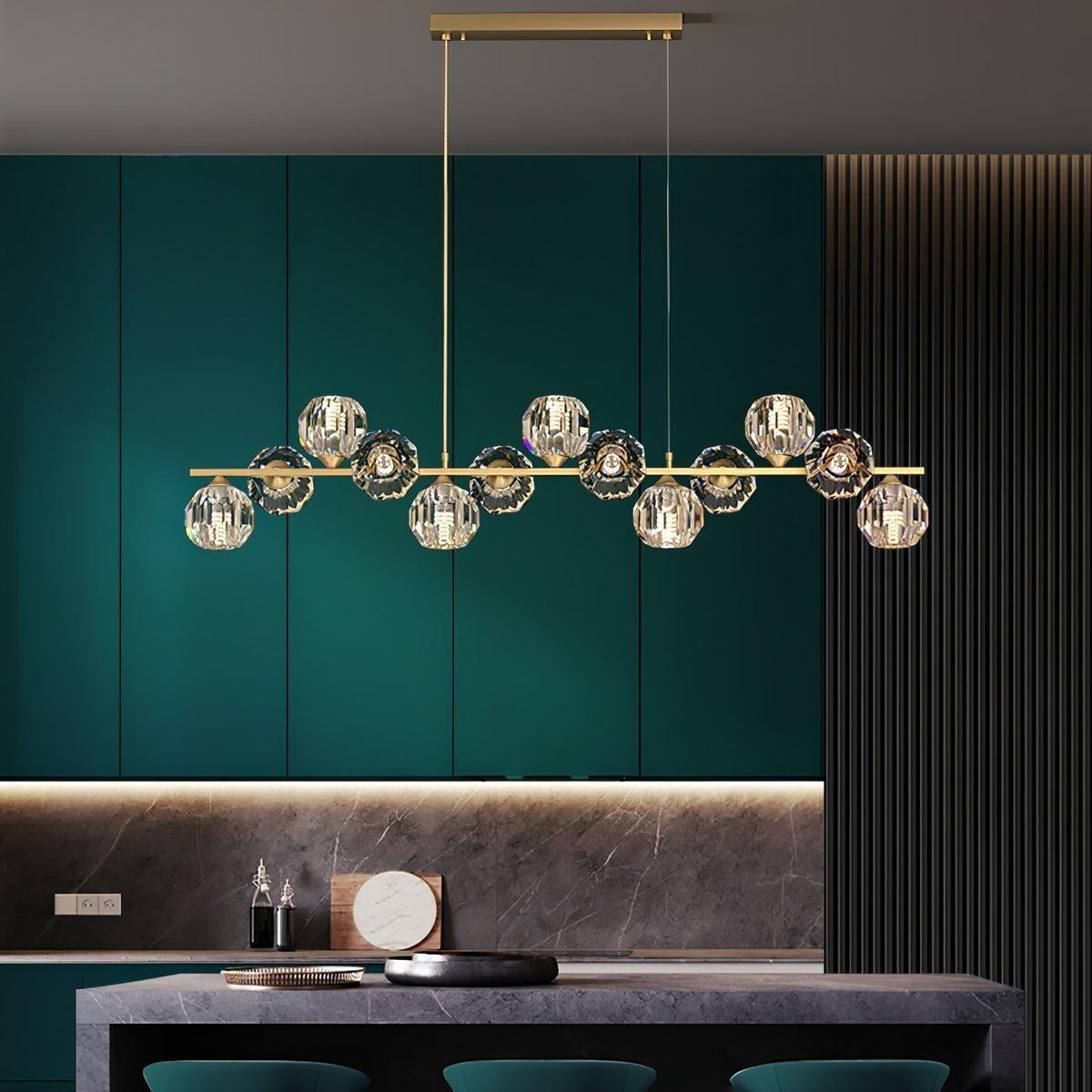 Giliden Modern LED Long Linear Metal Brass Multi Crystal Glass Globe Living/Dining Room Pendant Light