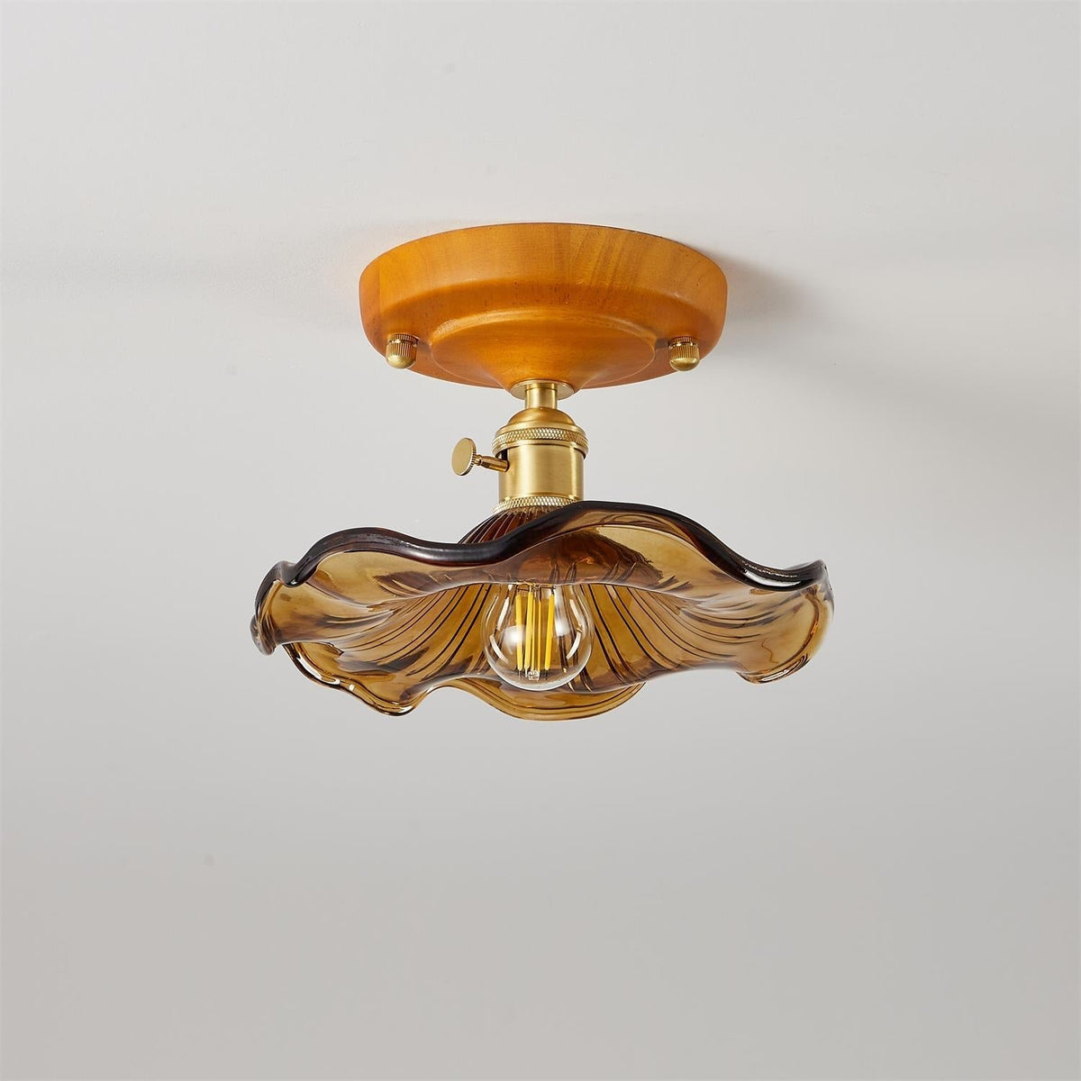 Ceiling Light Wood Canopy Brass & Glass Shade Vintage Floral Farmhouse