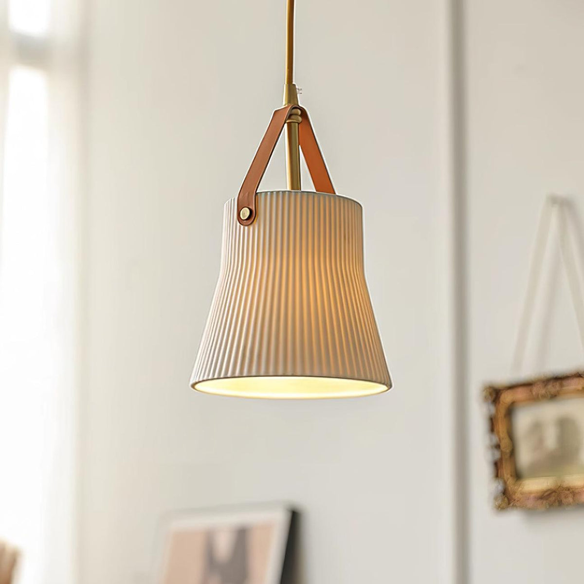 Pendant Lamp Ceramic Ribbed Shade Brass Leather Strap Modern