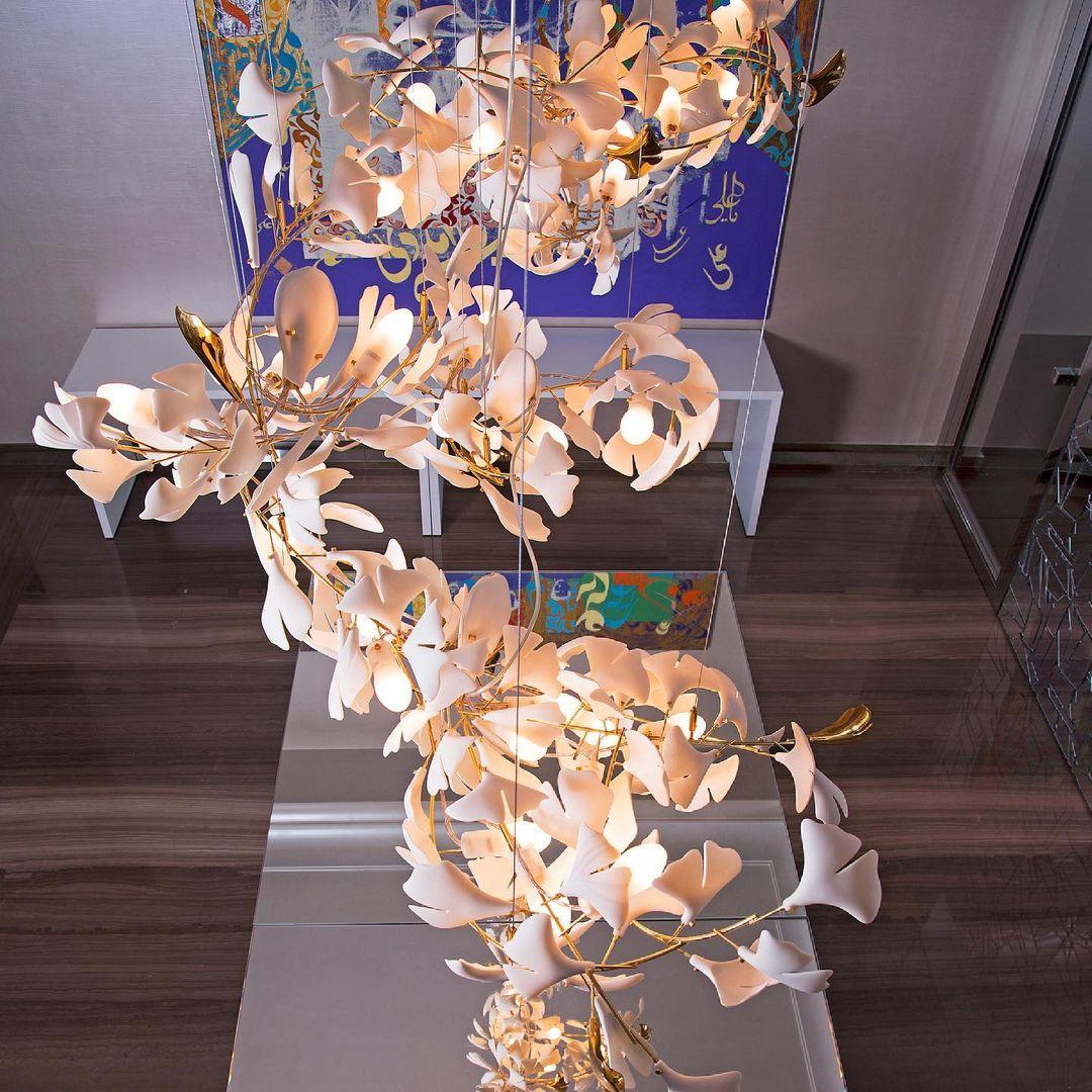 Calix Chandelier Frame Ceramic Gingko Leaf Shade White Gold Modern