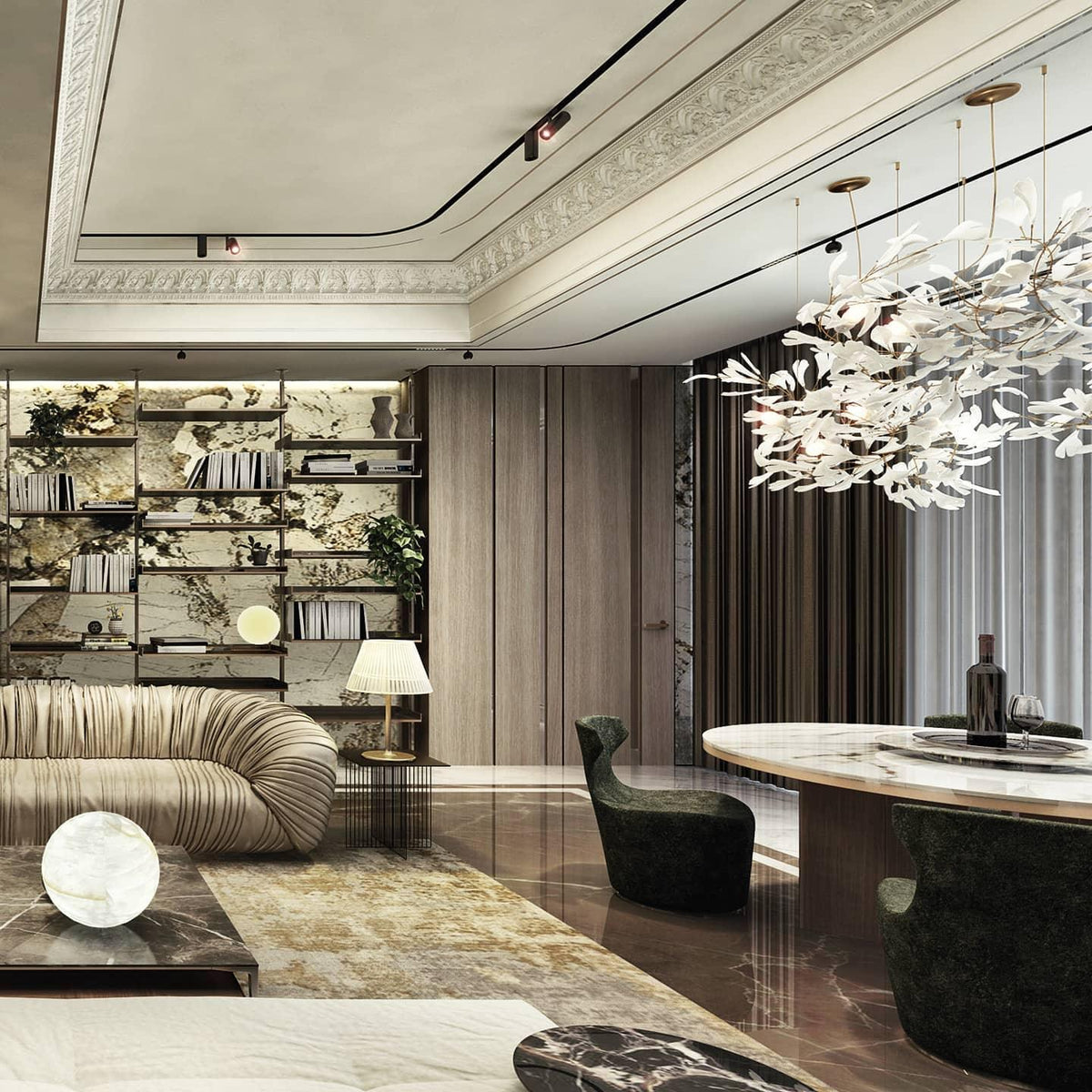 Calix Chandelier Frame Ceramic Gingko Leaf Shade White Gold Modern