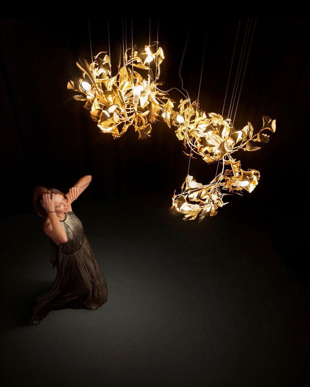 Calix Chandelier Frame Ceramic Gingko Leaf Shade White Gold Modern