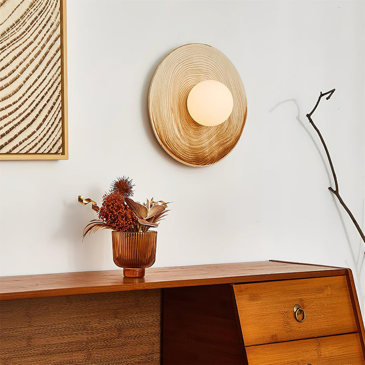 Wall Lamp Textured Ceramic Disc Wood Accent Modern Entryways