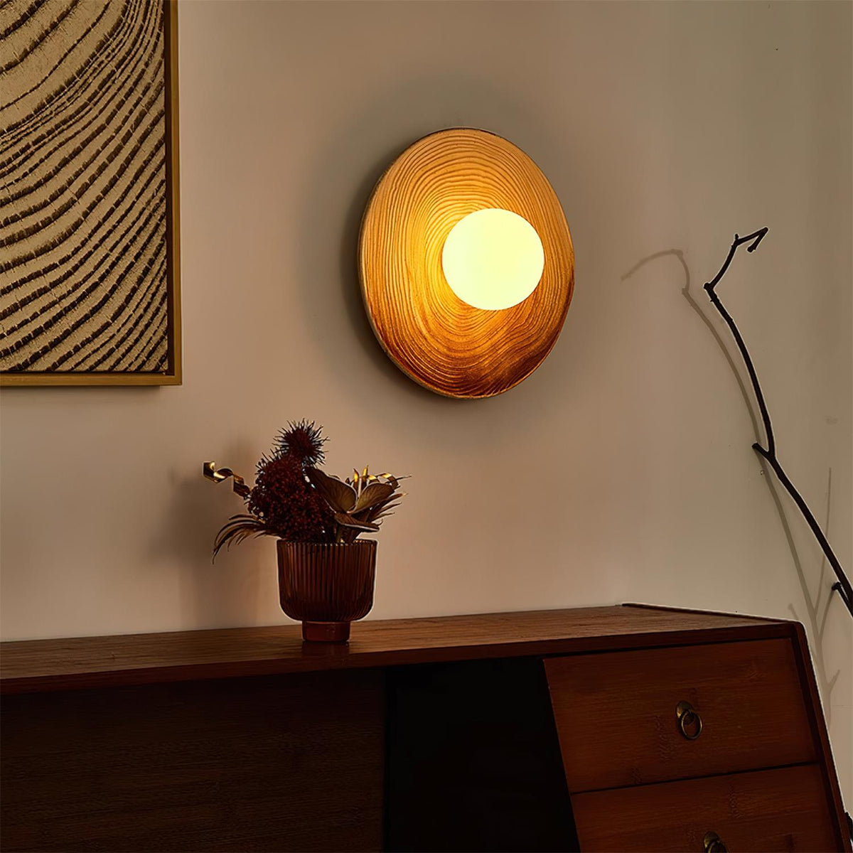 Wall Lamp Textured Ceramic Disc Wood Accent Modern Entryways
