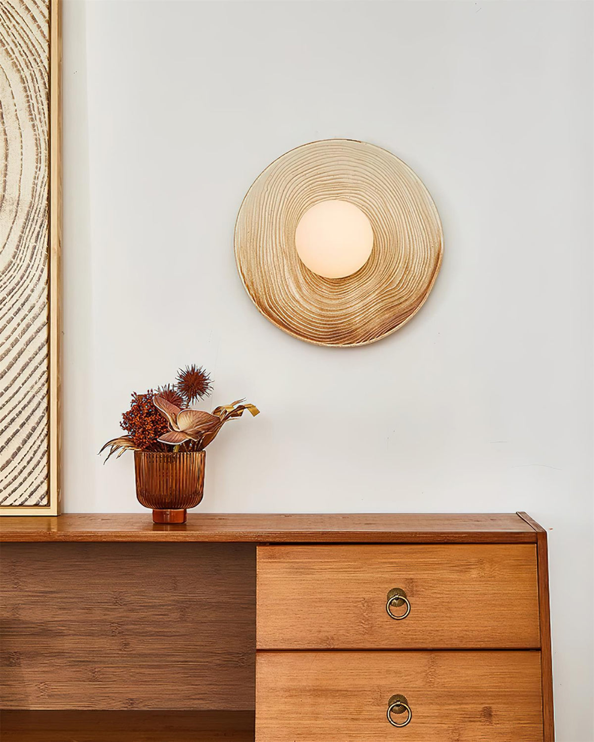 Wall Lamp Textured Ceramic Disc Wood Accent Modern Entryways