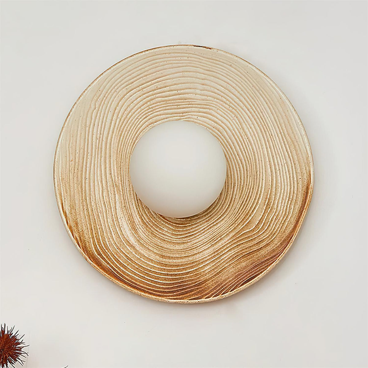 Wall Lamp Textured Ceramic Disc Wood Accent Modern Entryways