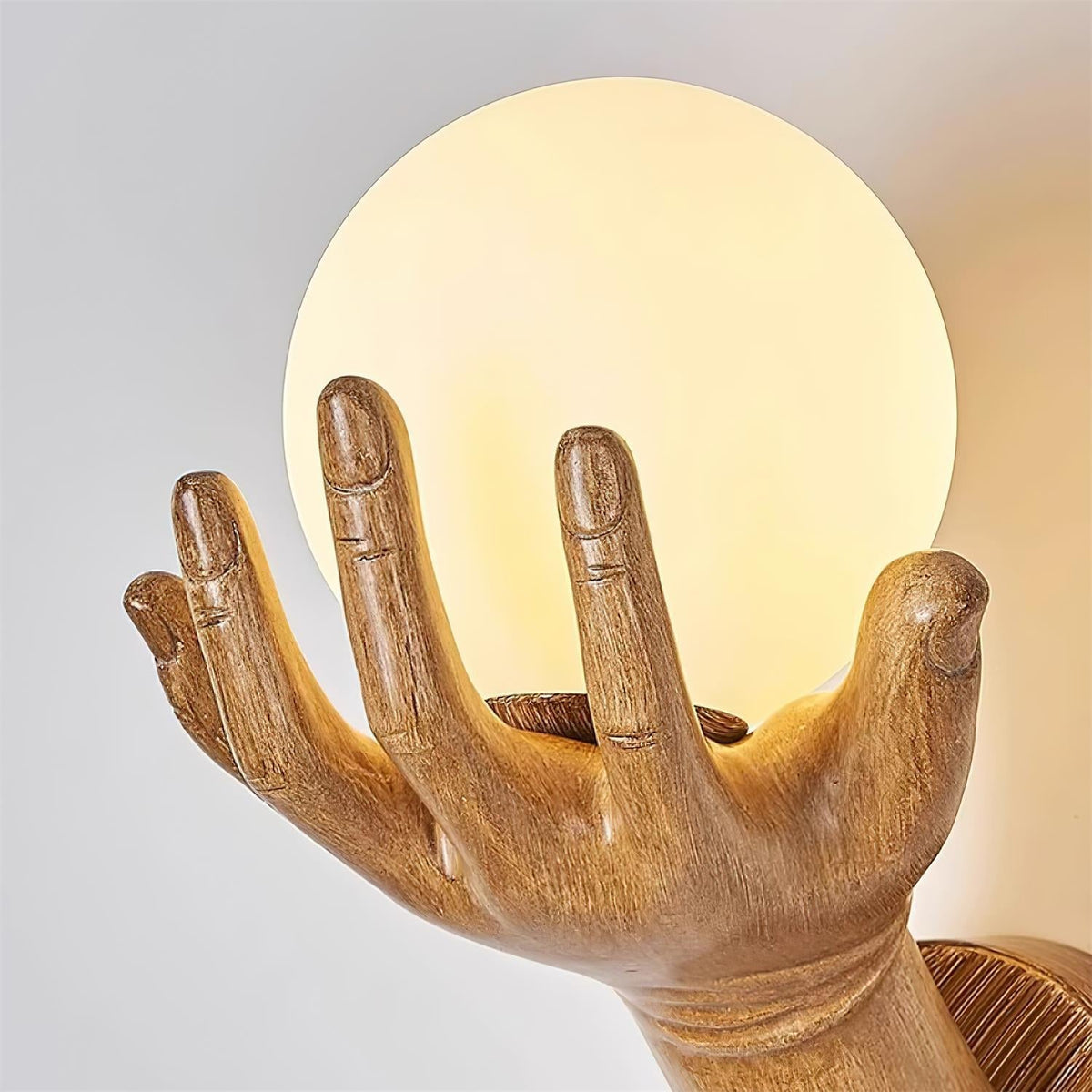 Wall Lamp Polymer Body Hand Shape Globe Shade Wood Grain