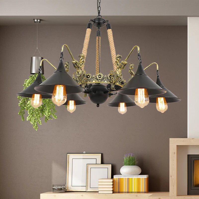 Zavetode Vintage Trumpet Chandelier Black Metal Living Room/Restaurant