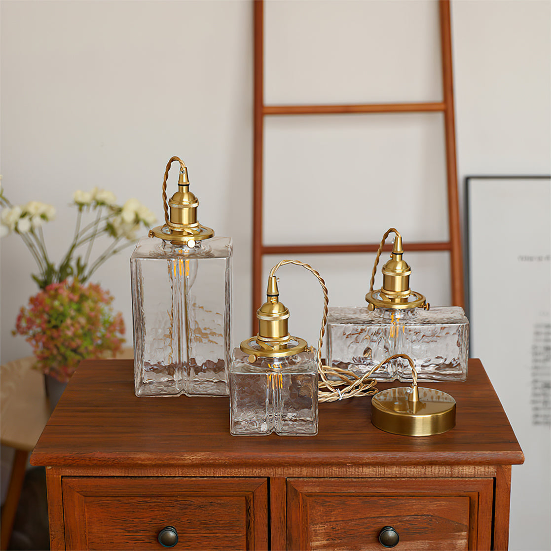 Moginad Vintage Glass Brass Hammered Pendant Light
