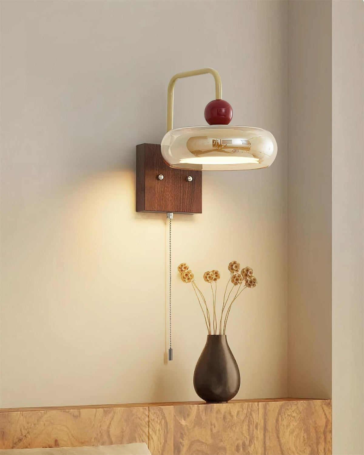Lumiva Wall Lamp Retro & Glass Wood Pull-Chain
