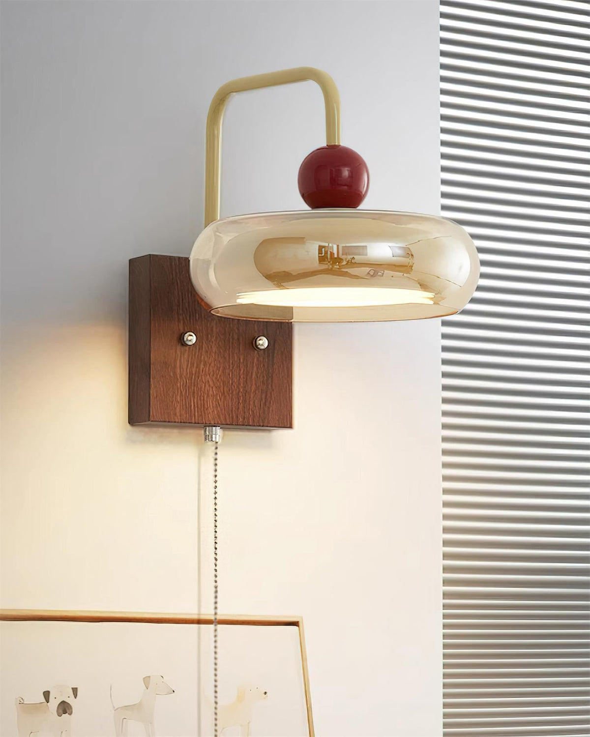 Lumiva Wall Lamp Retro & Glass Wood Pull-Chain