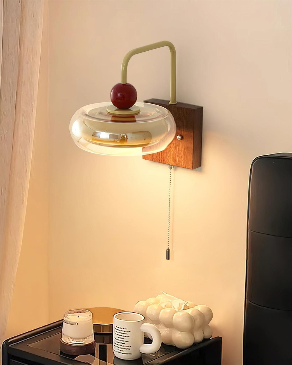 Lumiva Wall Lamp Retro & Glass Wood Pull-Chain