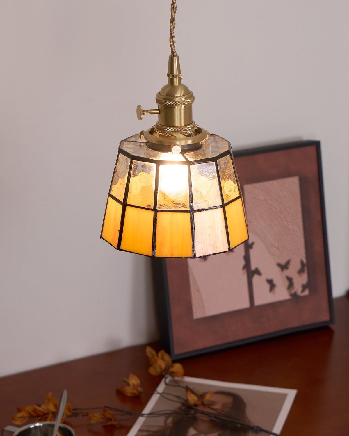 Pendant Lamp Stained Glass Shade Vintage Pattern Brass Retro