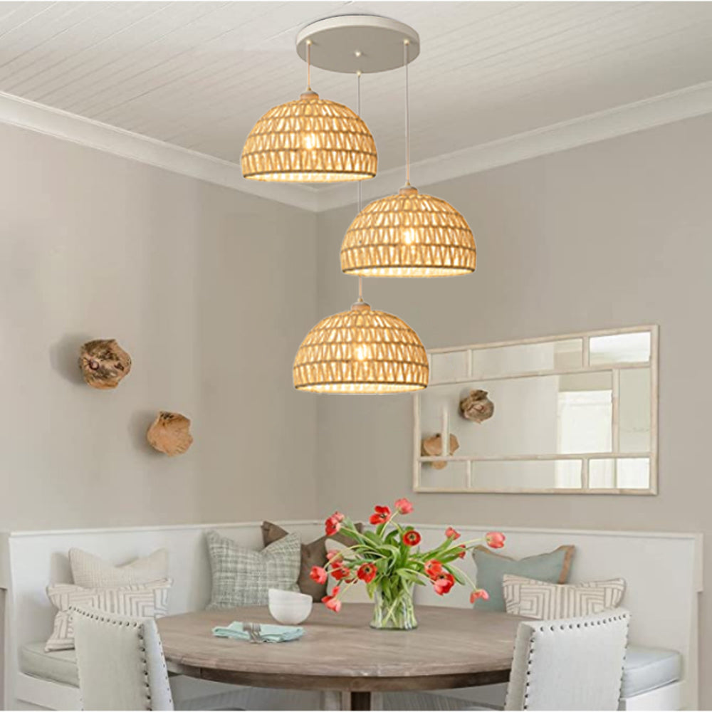 Fosolir Boho Retro LED Pendant Light Wood Rattan Bedroom/Restaurant