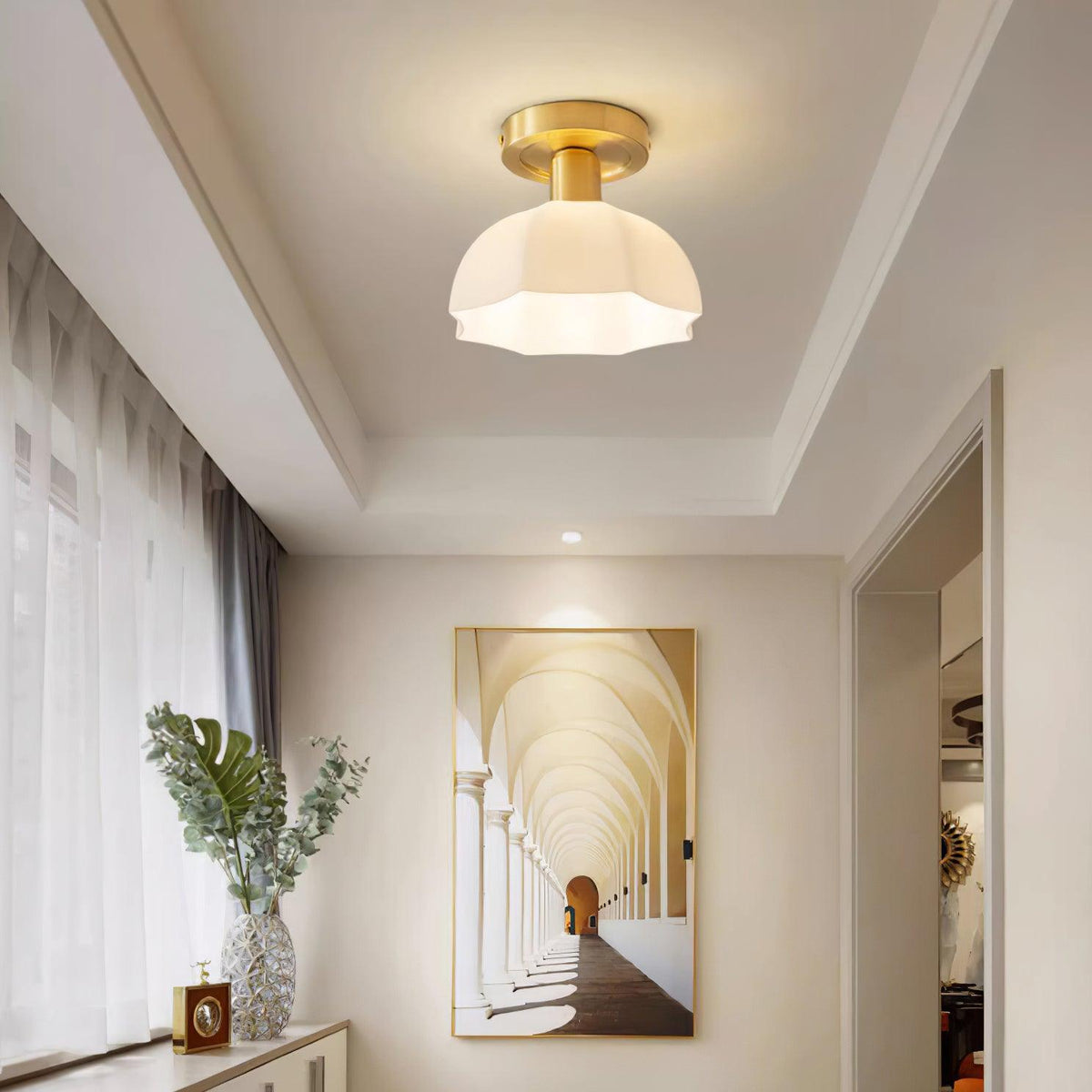 Veya Brass Base and Opal Glass Flush Mount Ceiling Light