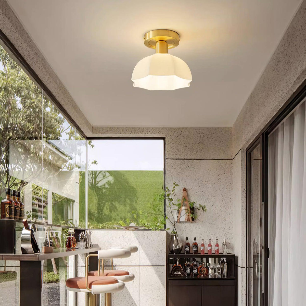 Veya Brass Base and Opal Glass Flush Mount Ceiling Light