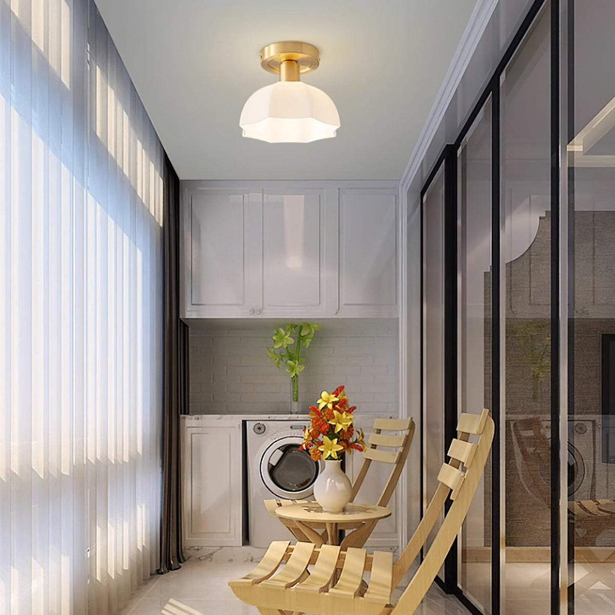 Veya Brass Base and Opal Glass Flush Mount Ceiling Light