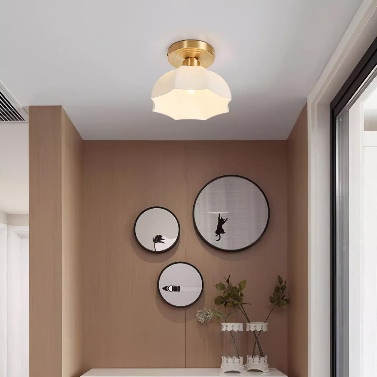 Veya Brass Base and Opal Glass Flush Mount Ceiling Light