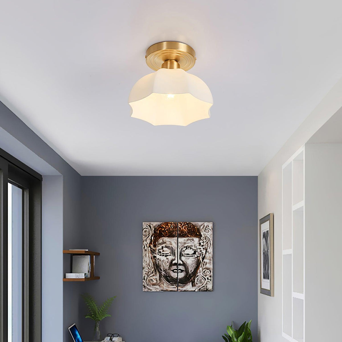 Veya Brass Base and Opal Glass Flush Mount Ceiling Light