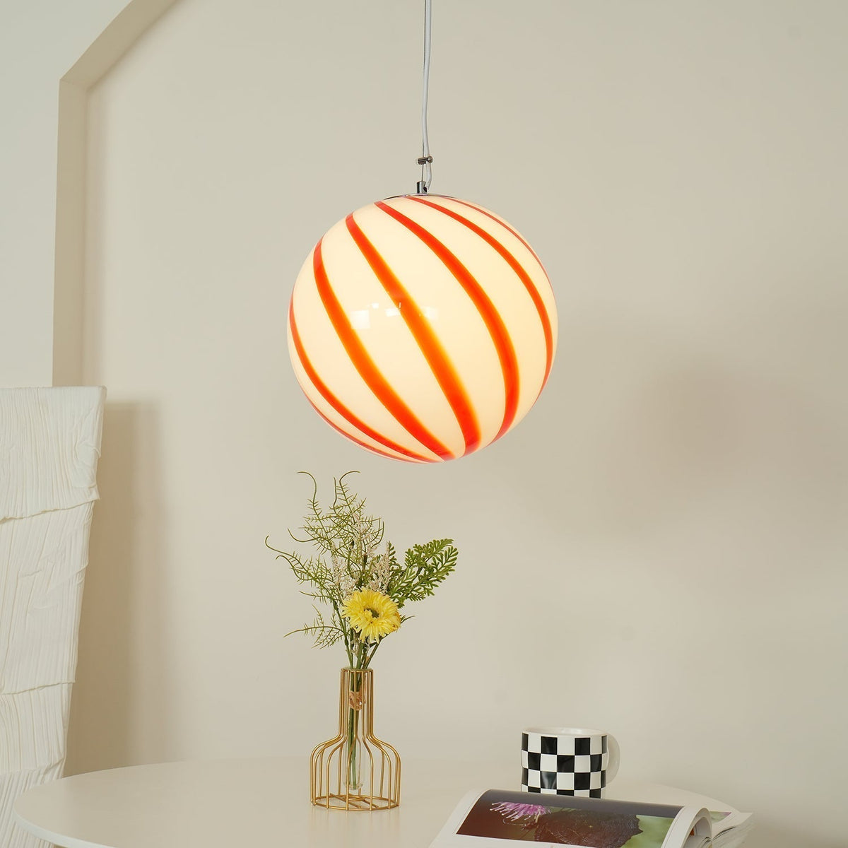 Kairo Pendant Lamp Glass Globe Light with Green Swirl Stripes