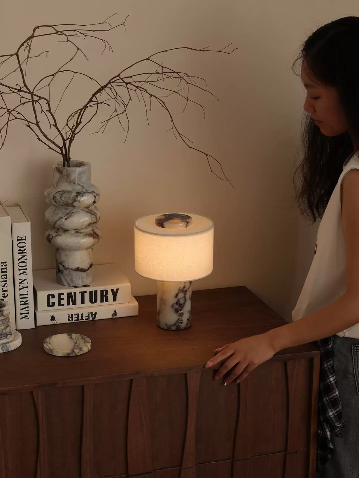 Kalvy Cylindrical Travertine Marble Table Lamp