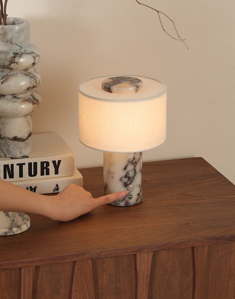 Kalvy Cylindrical Travertine Marble Table Lamp
