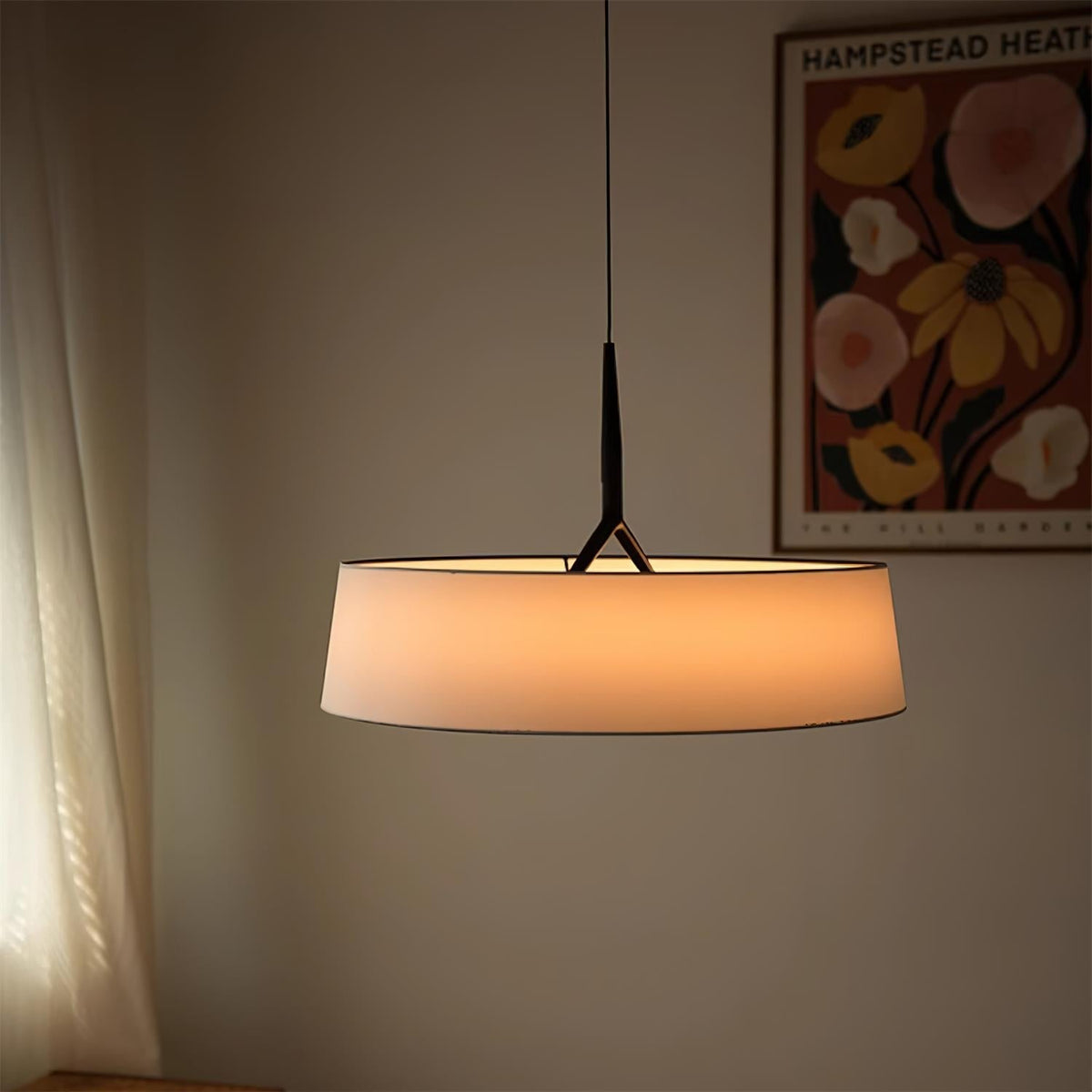 Liora Pendant Light White Fabric Drum Black Minimalist