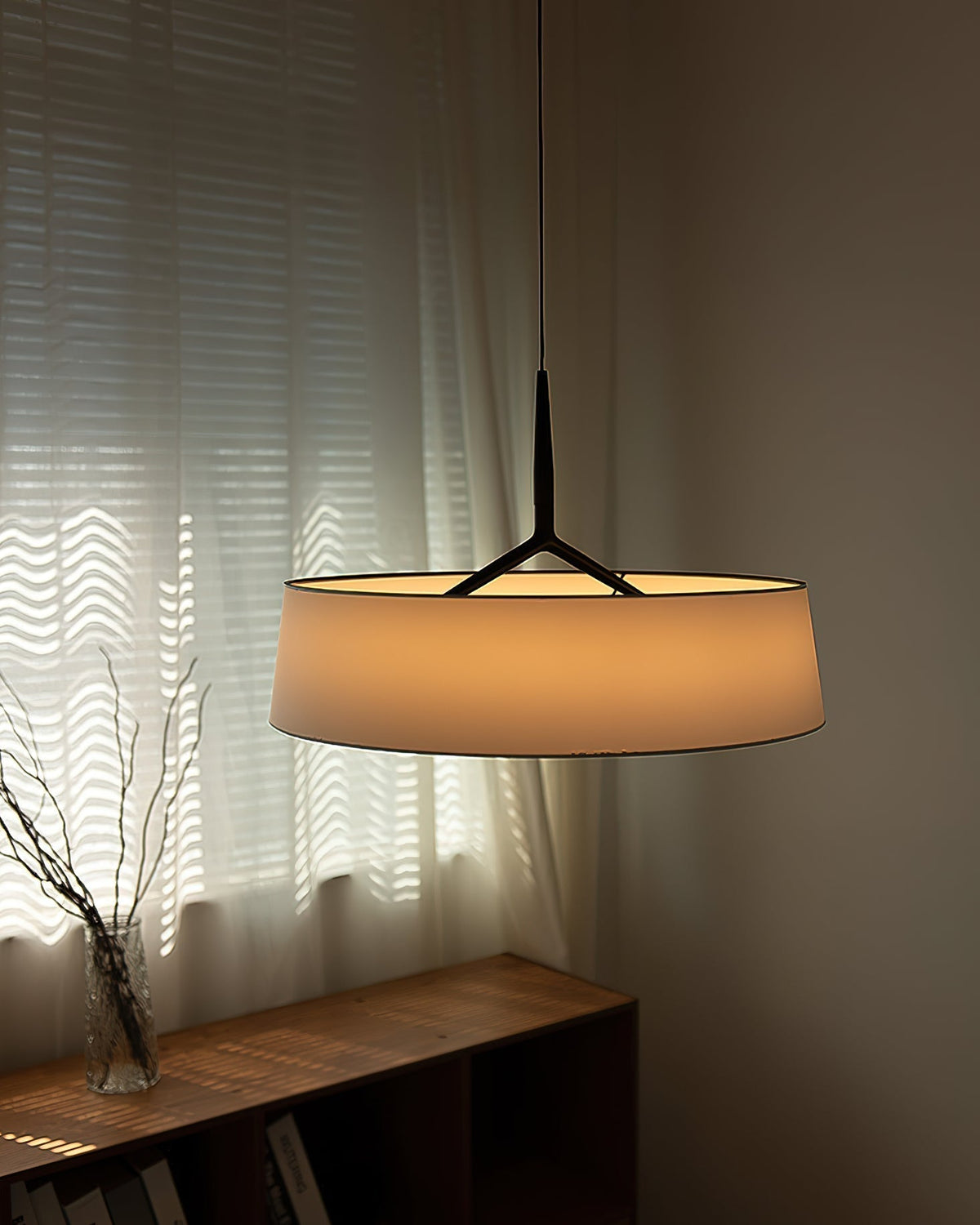 Liora Pendant Light White Fabric Drum Black Minimalist
