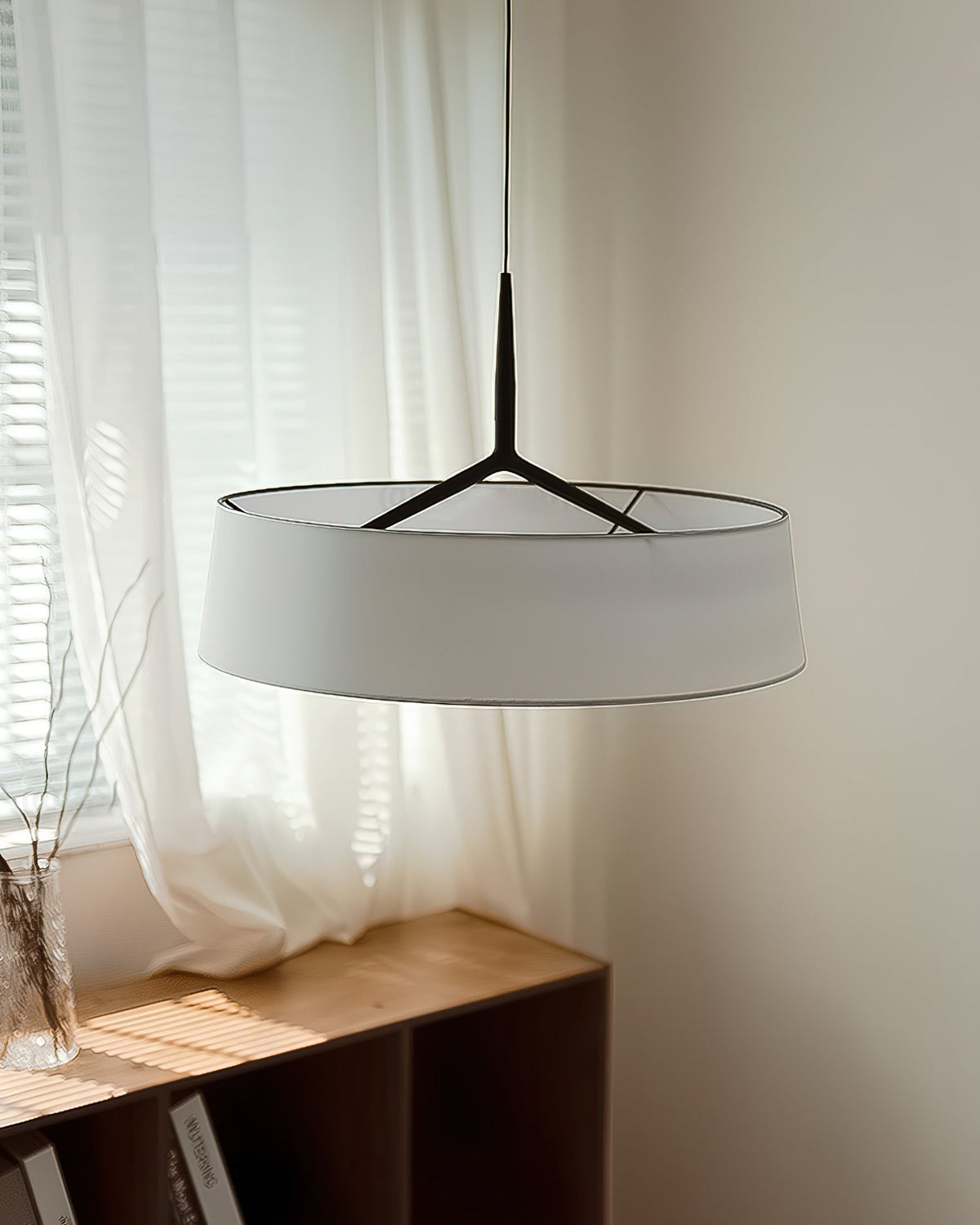 Liora Pendant Light White Fabric Drum Black Minimalist