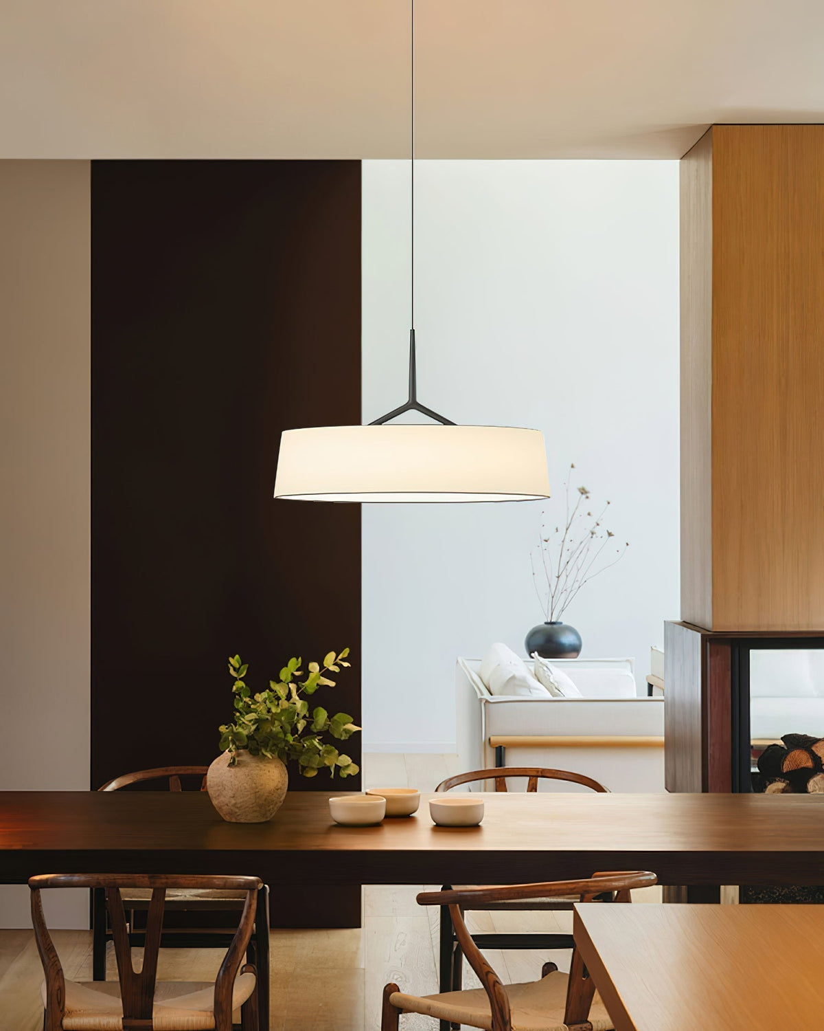 Liora Pendant Light White Fabric Drum Black Minimalist