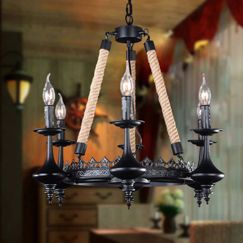 Ripigod Retro Candle Chandelier Black Metal/Rope Restaurant/Bar