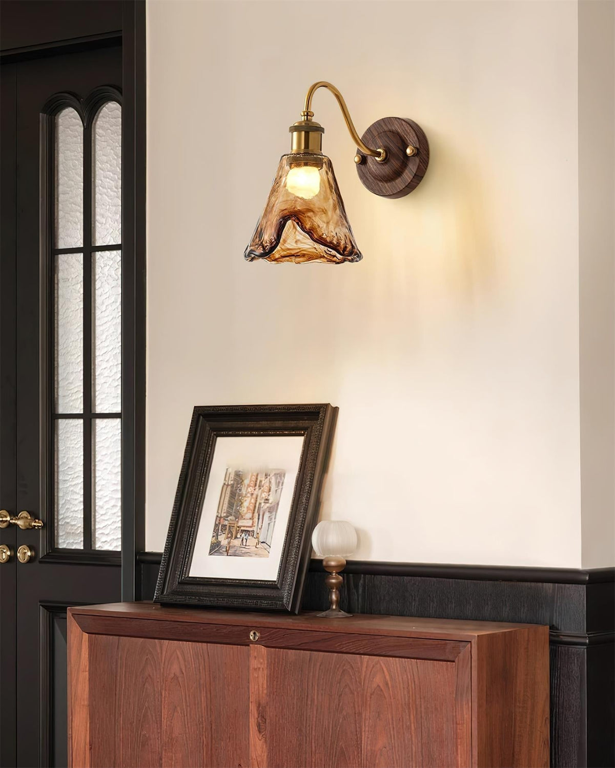 Nalia Wall Lamp Amber Glass Walnut Gold Vintage