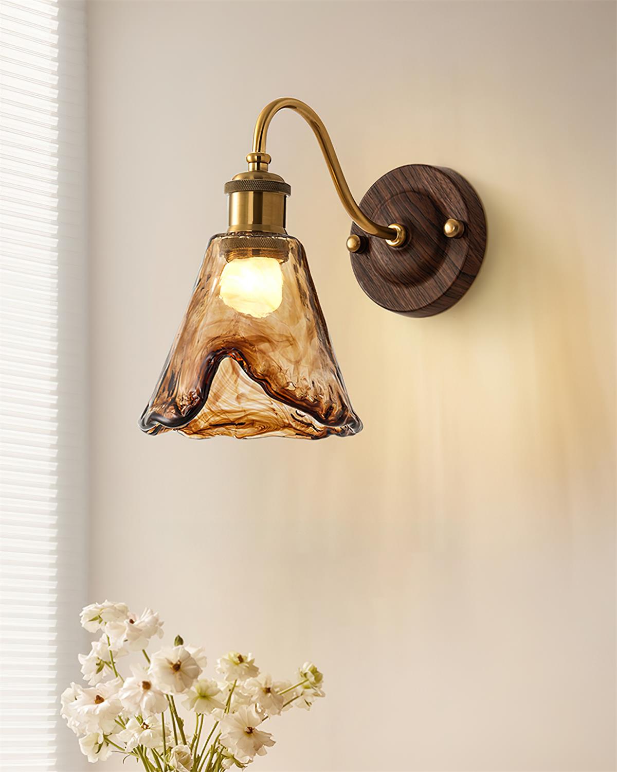 Nalia Wall Lamp Amber Glass Walnut Gold Vintage