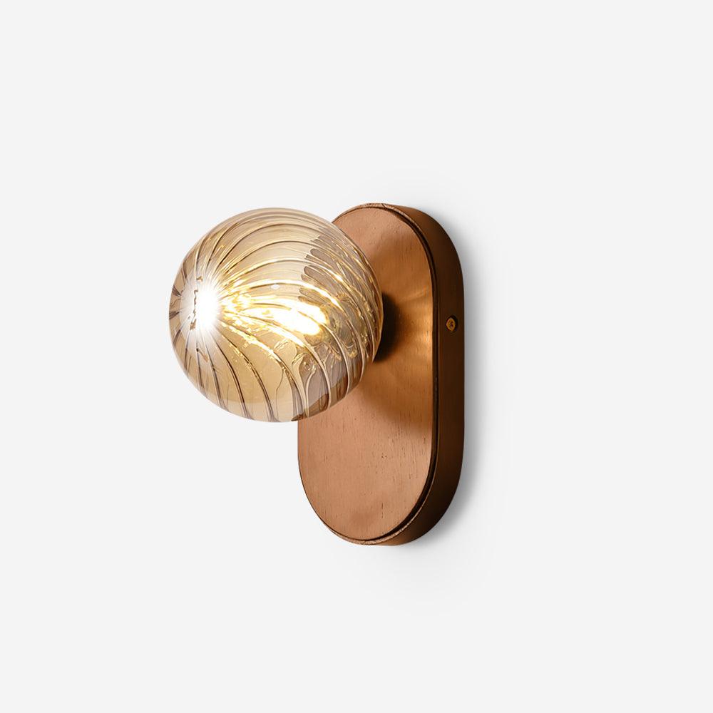 Wall Lamp Wood Body Amber Ribbed Glass Globe Walnut Color Modern Accent