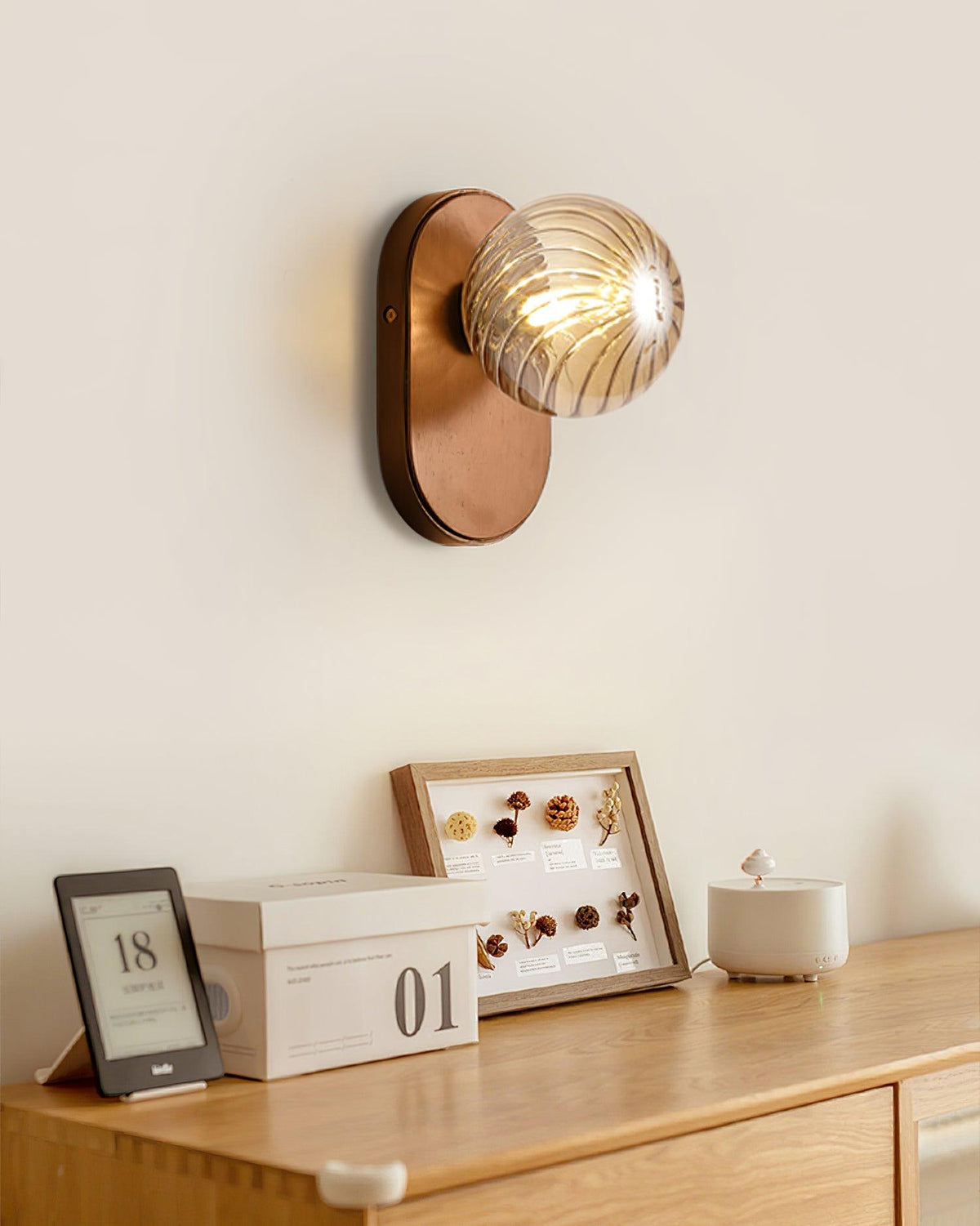 Wall Lamp Wood Body Amber Ribbed Glass Globe Walnut Color Modern Accent