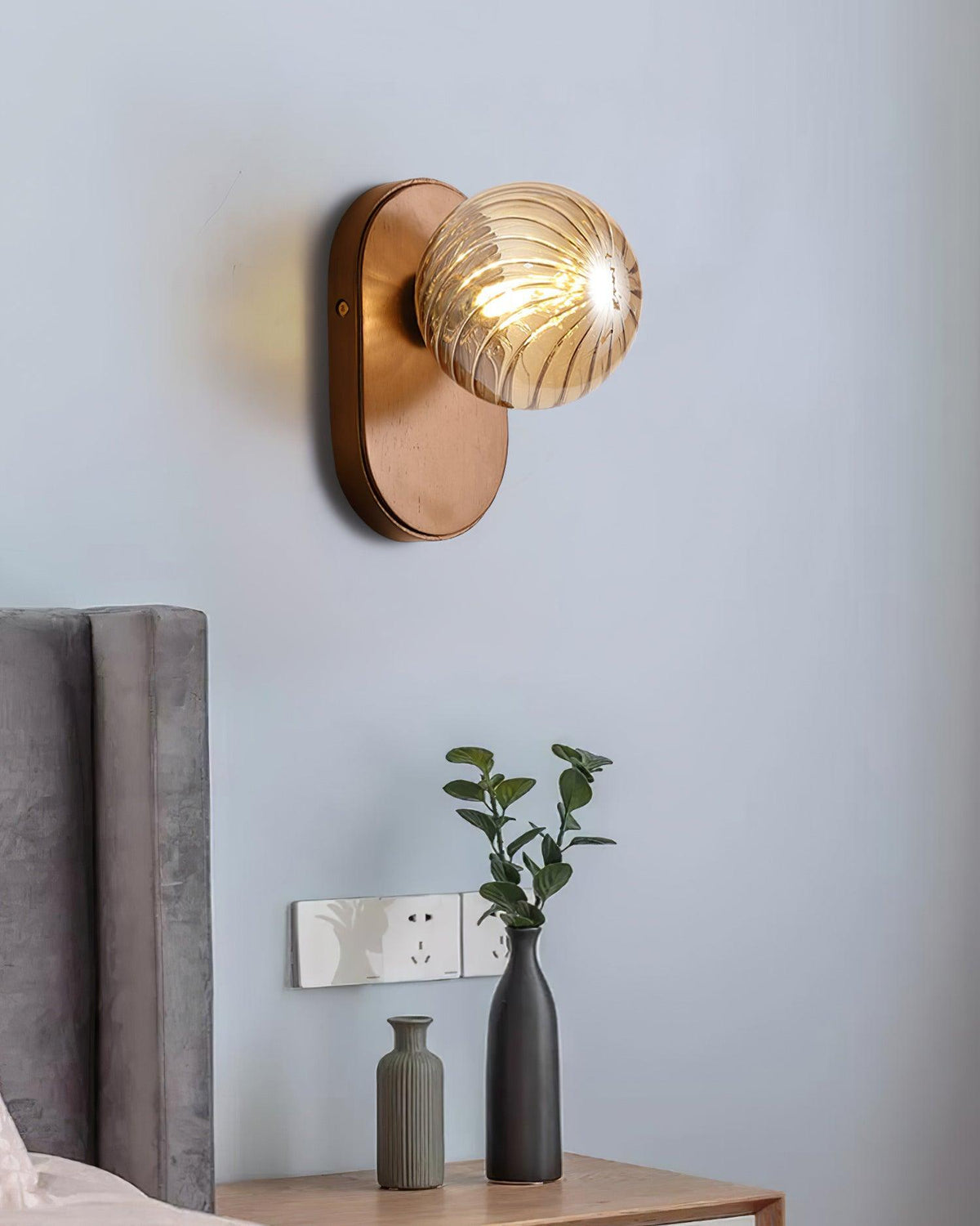 Wall Lamp Wood Body Amber Ribbed Glass Globe Walnut Color Modern Accent