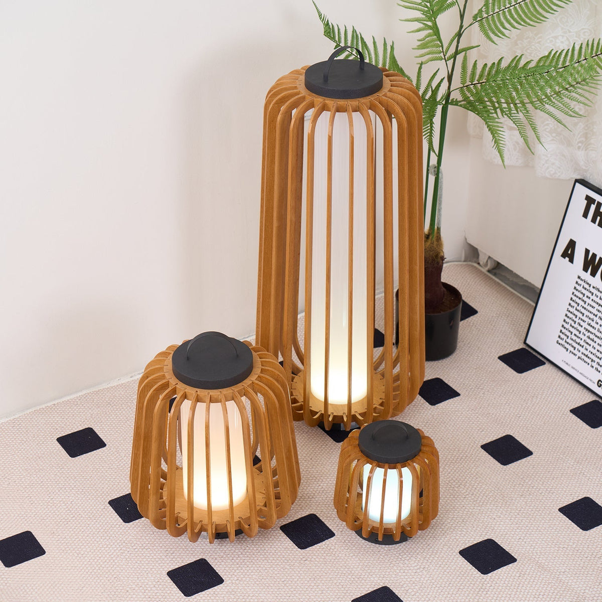 Elvelian Portable Rechargeable Wood Lantern Outdoor Light