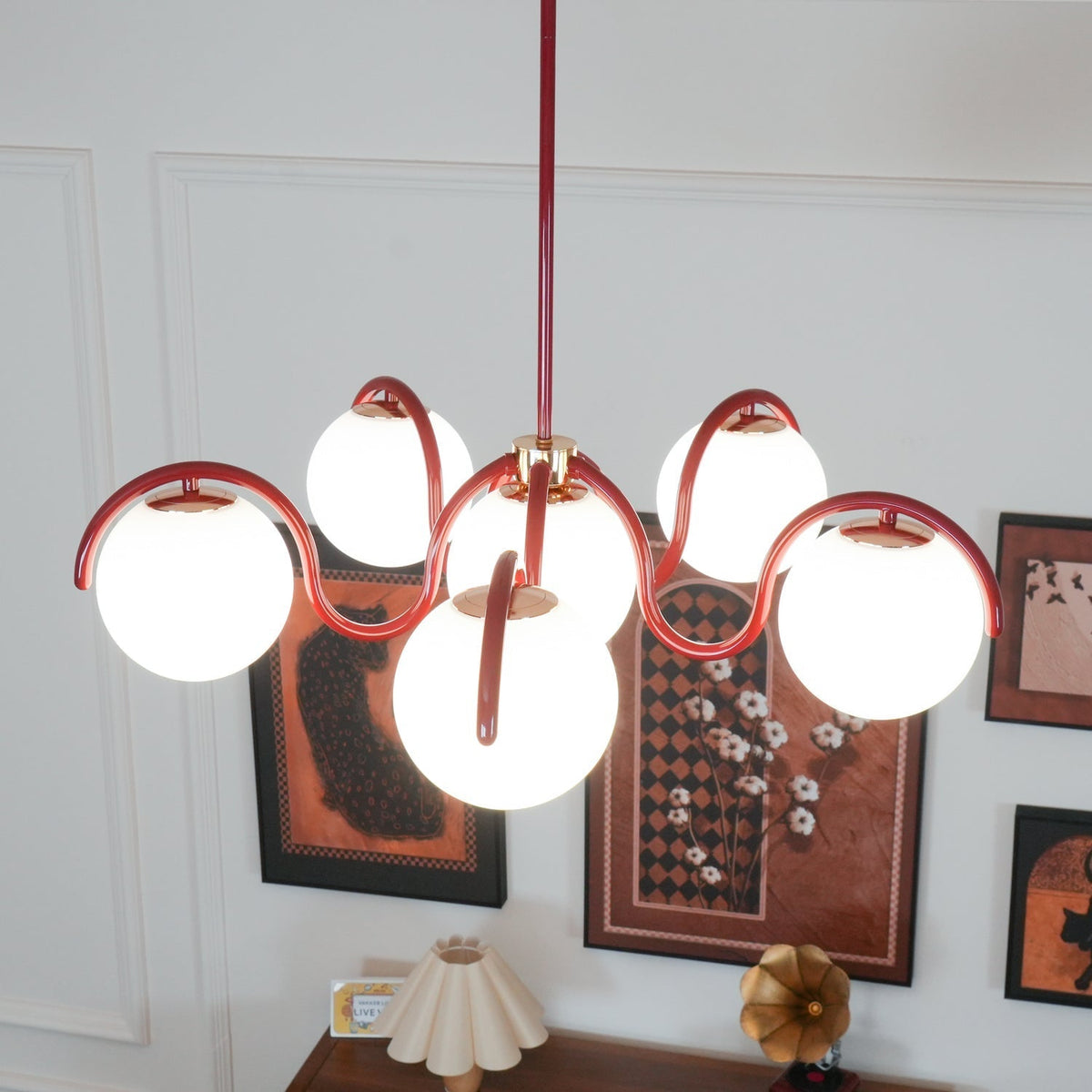 Eireine Chandelier White Glass Globes Curved Frame