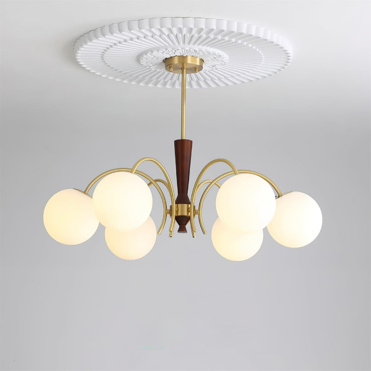 Veslo Brass and Wood Globe Chandelier