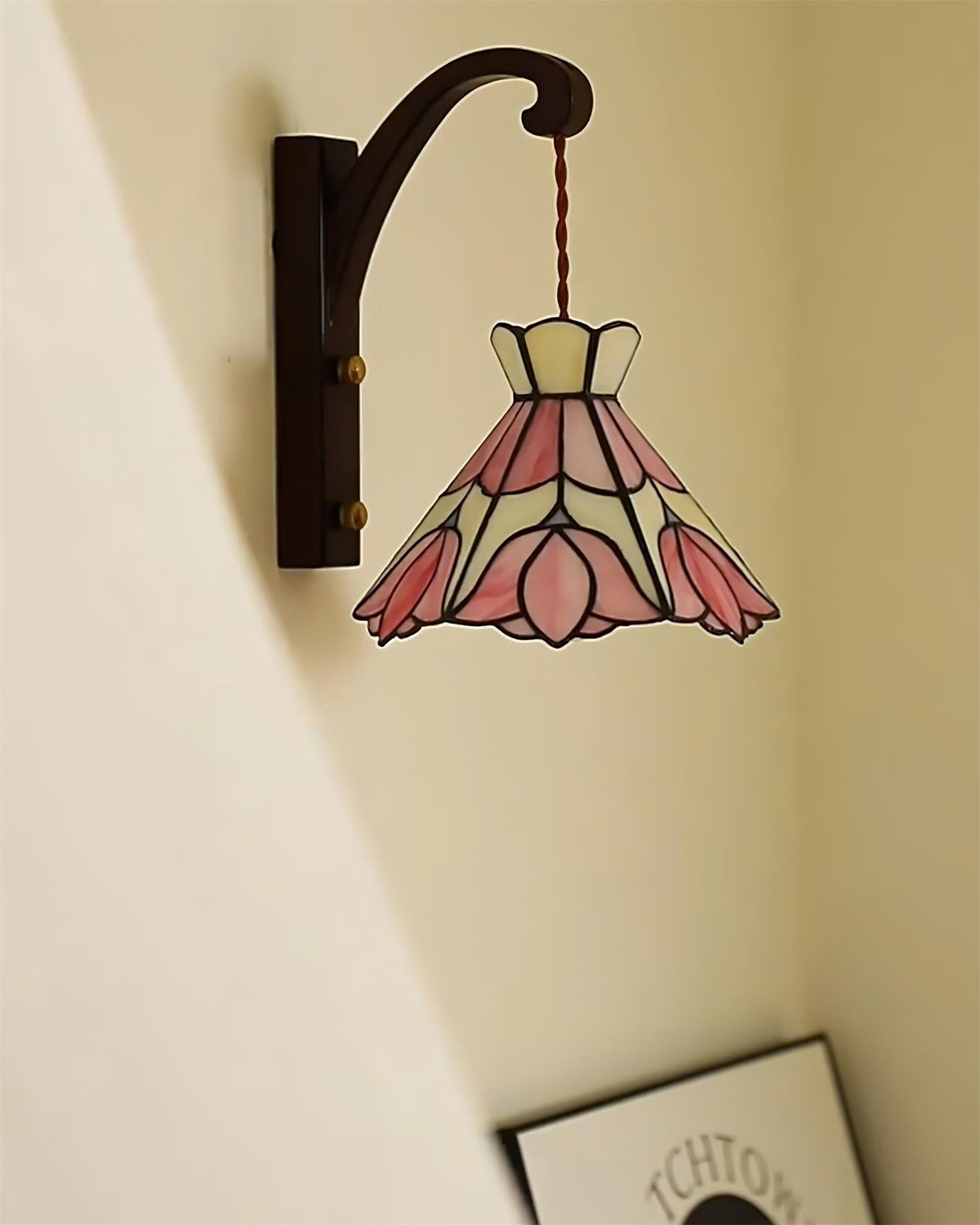 Wall Lamp Wood Body Tiffany Glass Shade Pink Floral Vintage Art