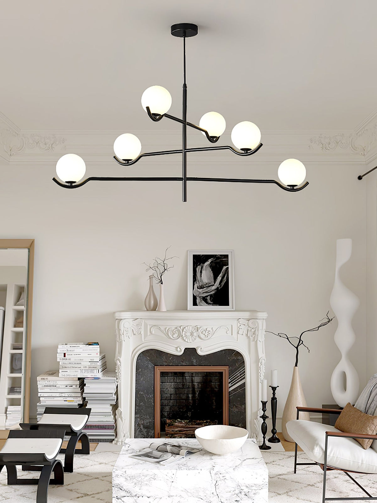 Elvian Chandelier White Globe Brass Minimalist