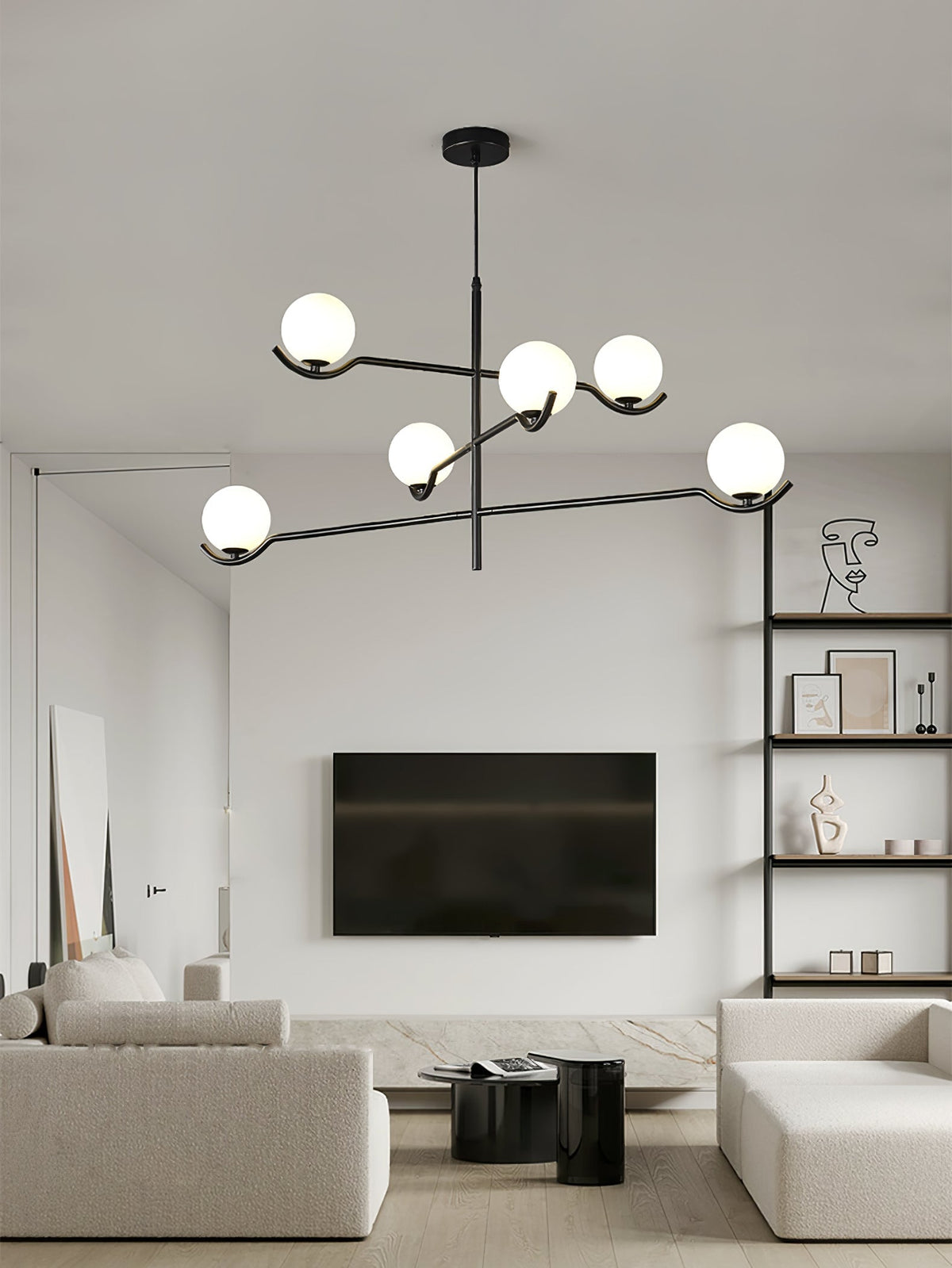 Elvian Chandelier White Globe Brass Minimalist